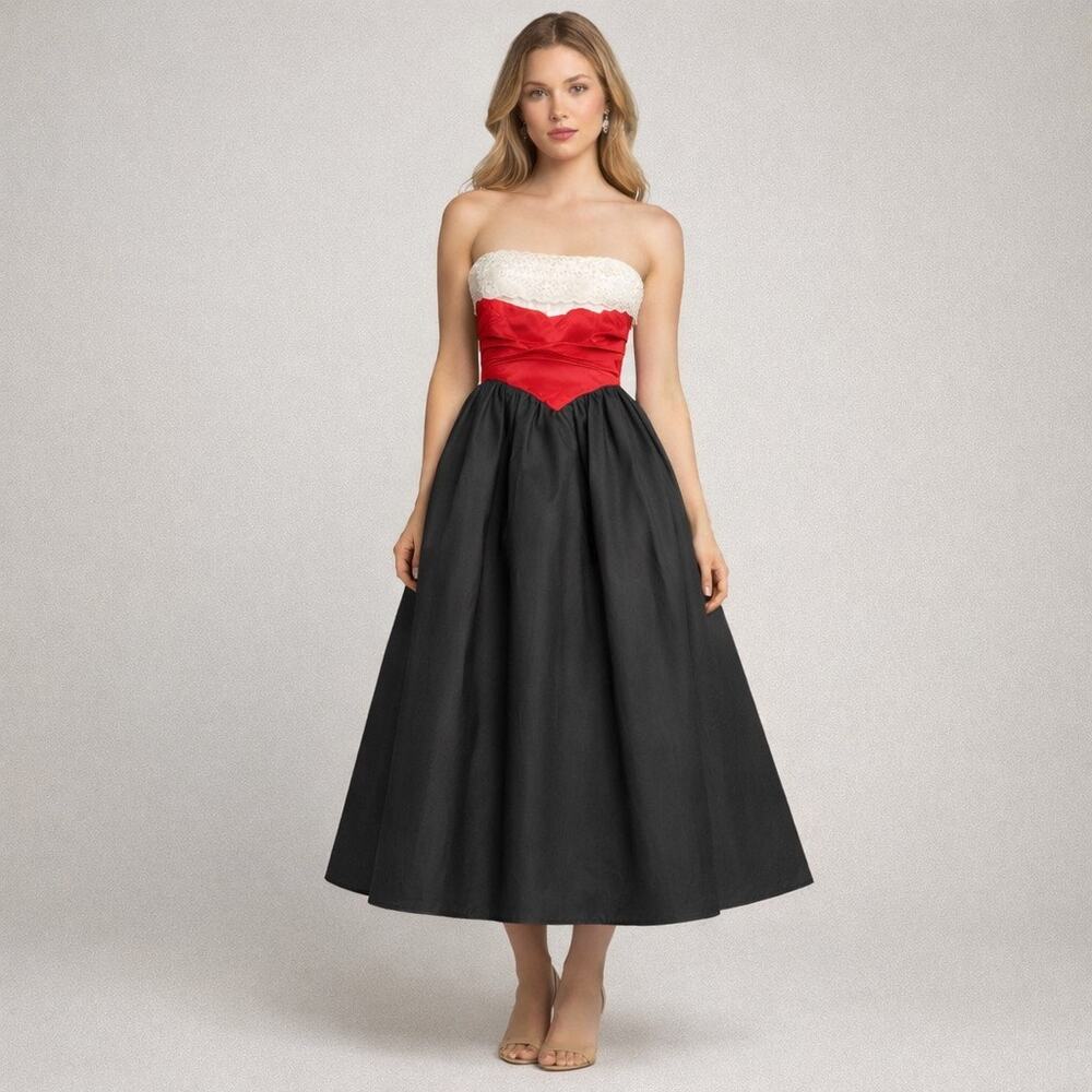 Retro Strapless Black White Eyelet Red Maxi Tulle Ball Gown Dress Size 2/Small?